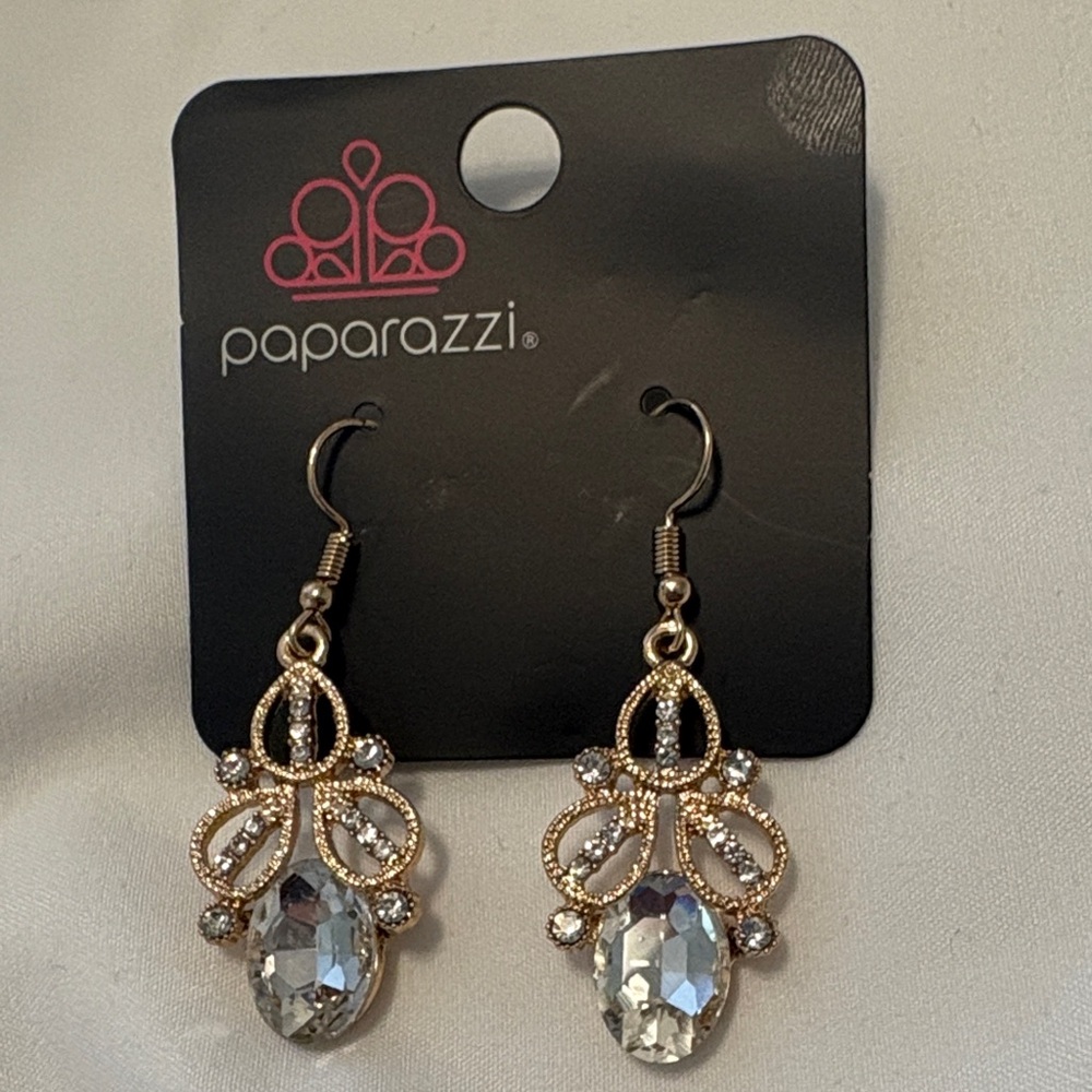 paparazzi Gold Filigree and Silver Circle Crystal Dangle Earrings - Picture 2 of 3